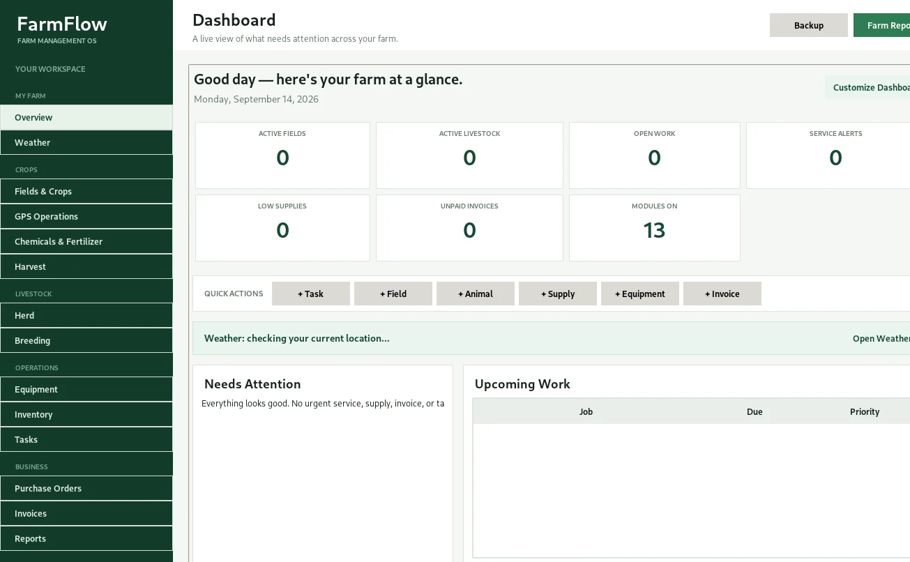 FarmFlow modular farm management dashboard