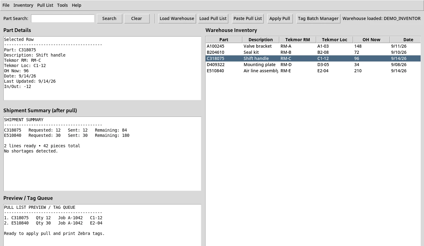 Warehouse automation application showing inventory, pull list controls, shipment summary, and tag queue
